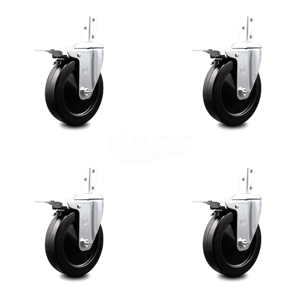5 Inch Soft Rubber Wheel Swivel 3/4 Inch Square Stem Caster Set Total Lock Brake